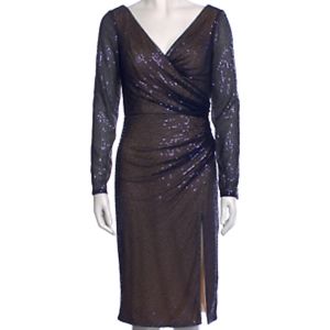 Rene Ruiz Collection Sequin Faux Wrap Dress Navy/Nude